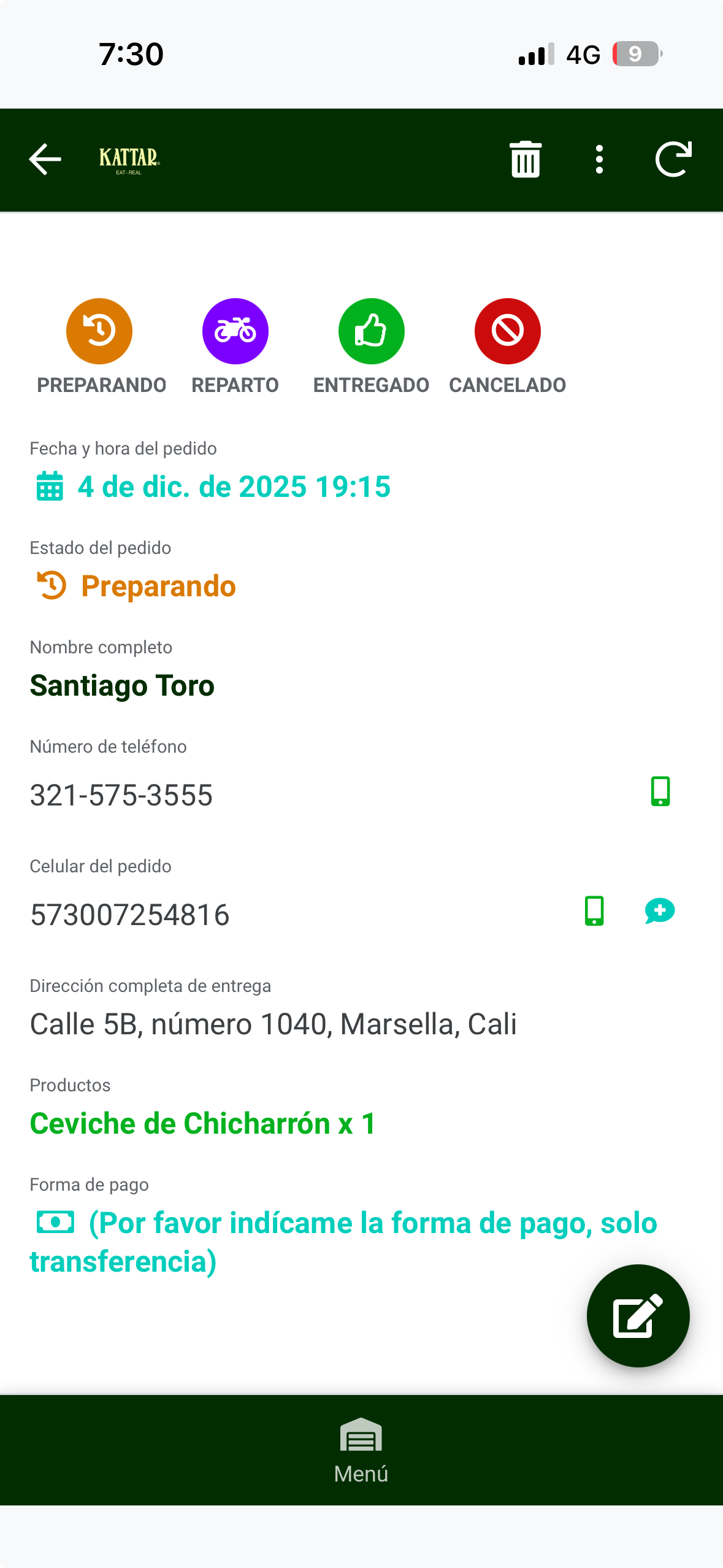 Detalle Domicilio WhatsApp